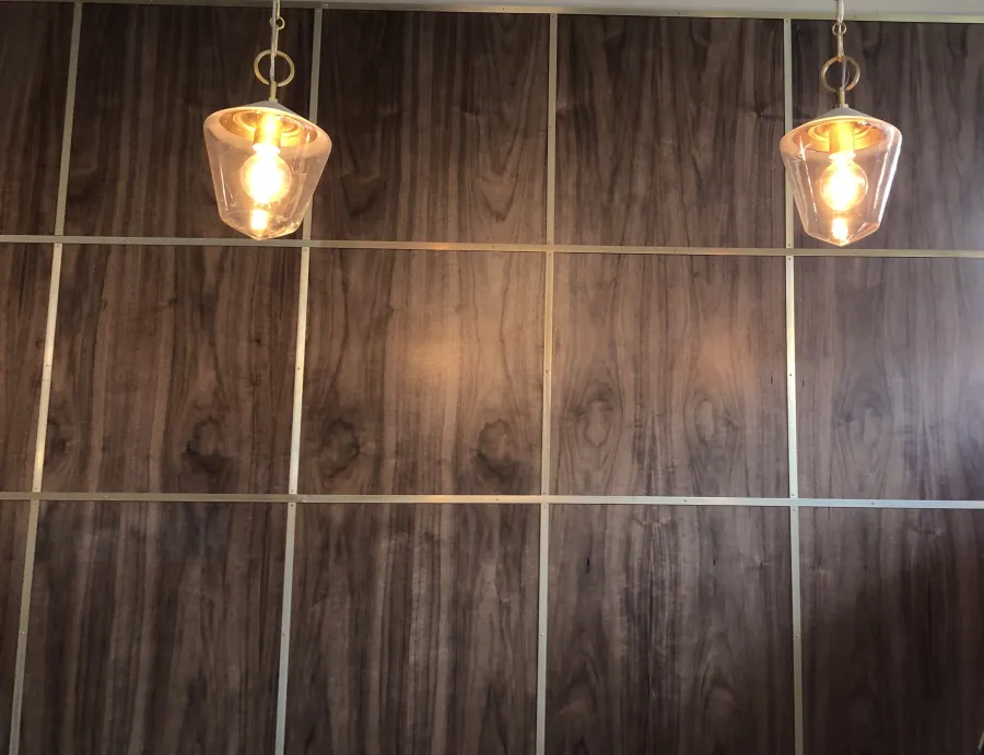 Pendant lights over walnut wall paneling
